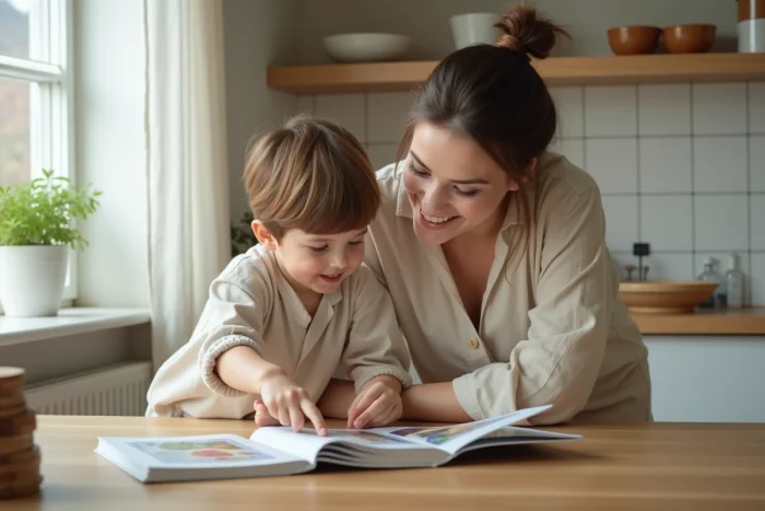 Mère et enfant lecture livre cuisine complicité bien-être familial épanouissement