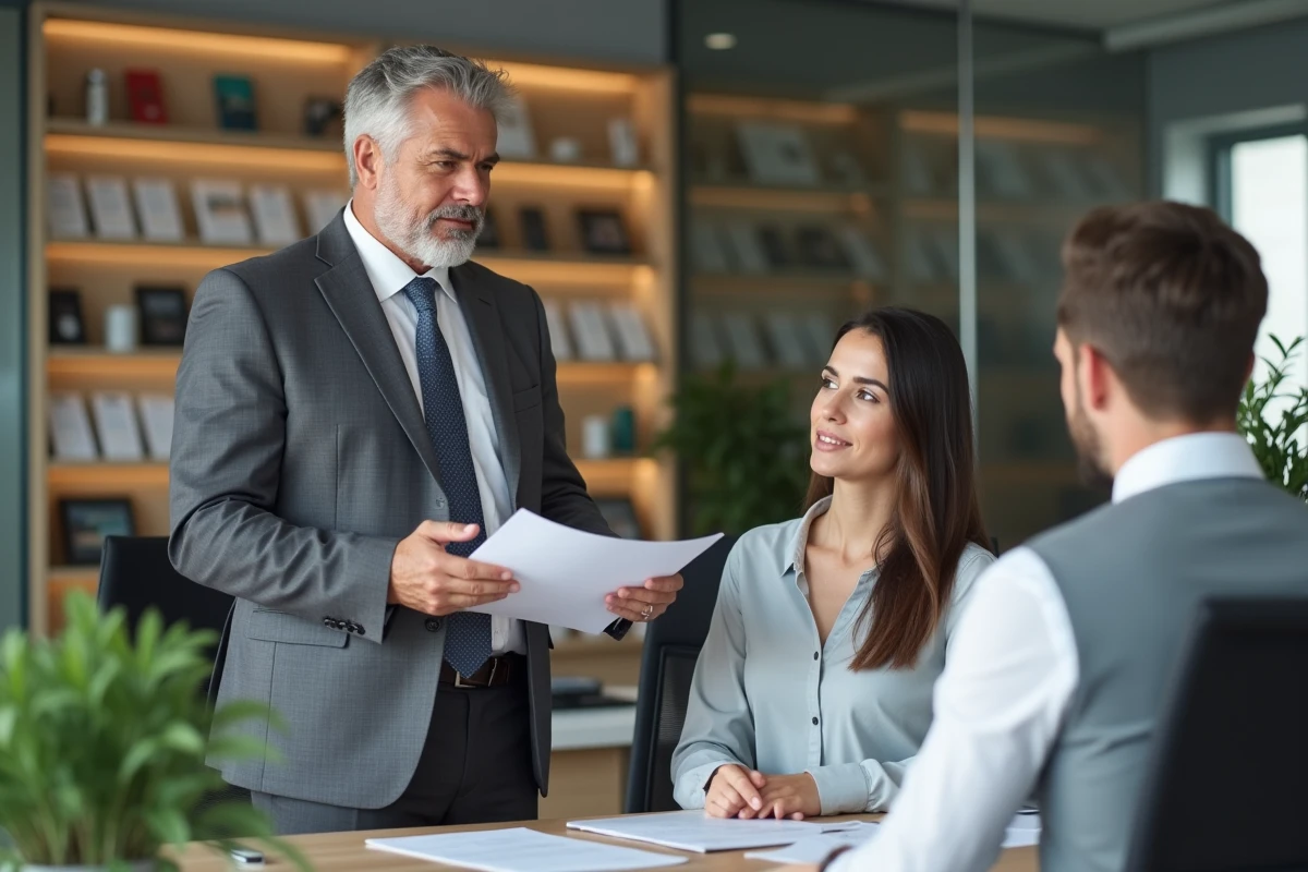 Agent immobilier parle avec un couple dans un bureau moderne