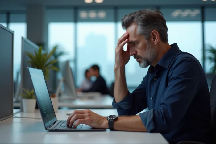 Homme d'affaires frustré devant un ordinateur portable avec une application qui ne répond plus au bureau