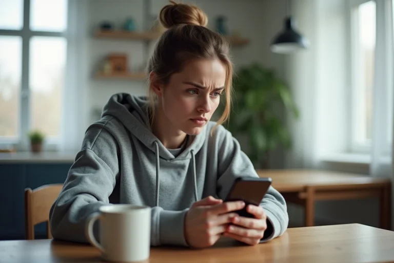 Femme frustrée regardant son smartphone affichant une erreur d'application dans un appartement moderne