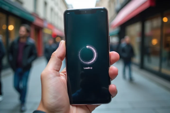 Gros plan sur un smartphone avec un message d'erreur d'application en panne tenu dans les mains en extérieur