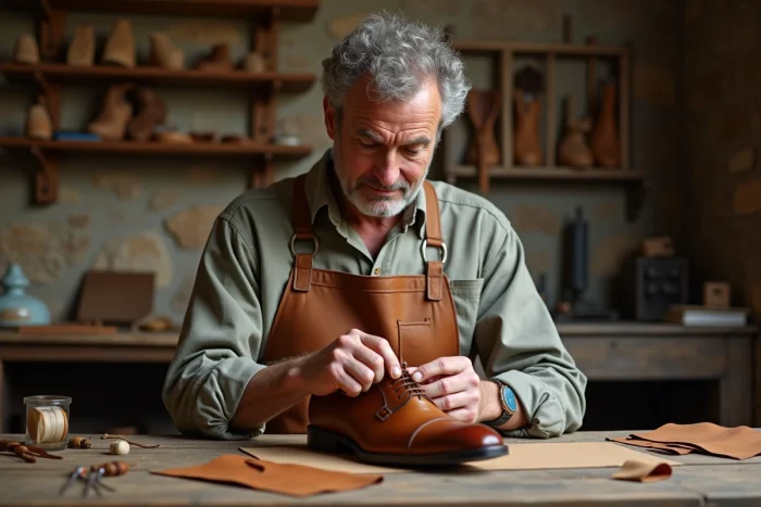 Artisan cordonnier italien cousant à la main une chaussure Oxford haut de gamme dans un atelier traditionnel en Toscane