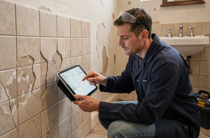 Artisan rénovateur évaluant des dommages muraux dans une salle de bain avec une tablette de diagnostic