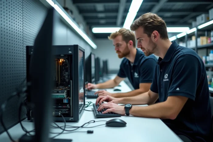 Deux techniciens informatiques en atelier collaborant pour diagnostiquer une erreur fatale sur un ordinateur de bureau ouvert