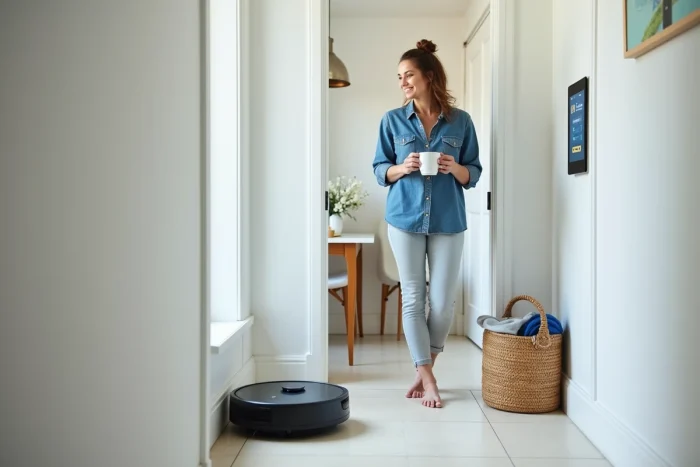 Femme consultant son planning d'automatisation ménagère sur tablette avec un robot aspirateur en charge dans le couloir