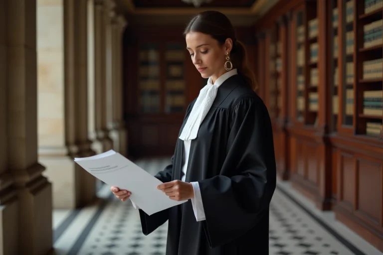 Avocate en robe noire consultant des arrêts judiciaires dans un couloir de tribunal français