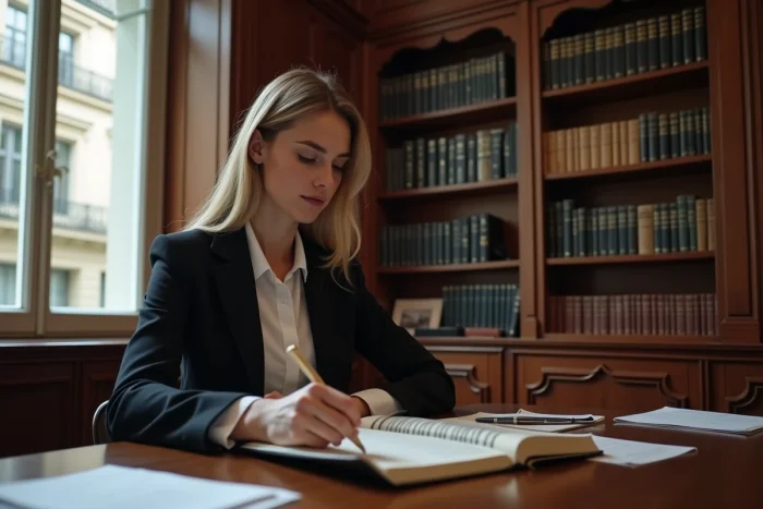 Avocate étudiant les implications juridiques et fiscales de l'article 14 de la DDHC dans un cabinet de droit parisien