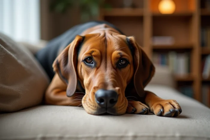 Beagador adulte allongé sur un canapé en lin beige dans un salon moderne, au repos dans un environnement familial chaleureux
