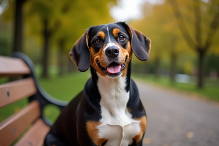 Chien Beagador adulte assis sur un banc en bois dans un parc, regardant l'objectif avec une expression détendue et amicale