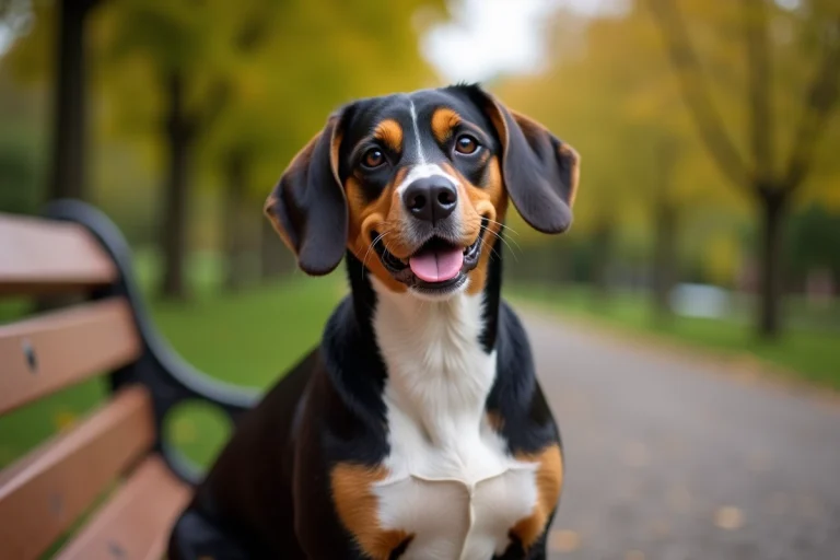 Chien Beagador adulte assis sur un banc en bois dans un parc, regardant l'objectif avec une expression détendue et amicale