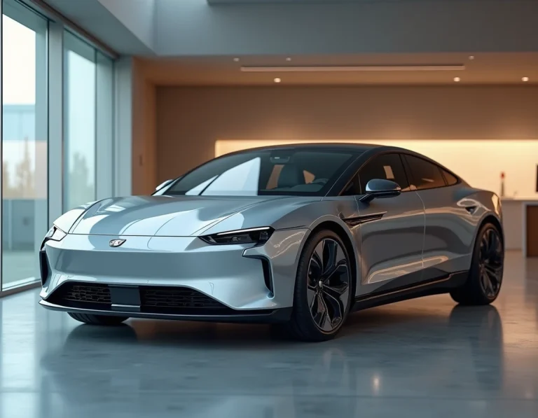 Berline électrique 2024 exposée dans une salle d'exposition automobile moderne avec finition métallique argentée