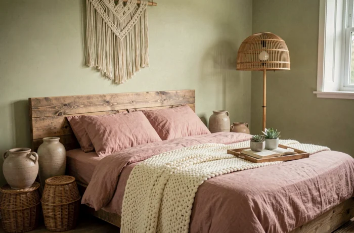 Chambre tendance avec lit plateforme en chêne, plaid tricoté ivoire, jeté de lit en lin rose poudré, suspension en macramé et murs à la chaux beige