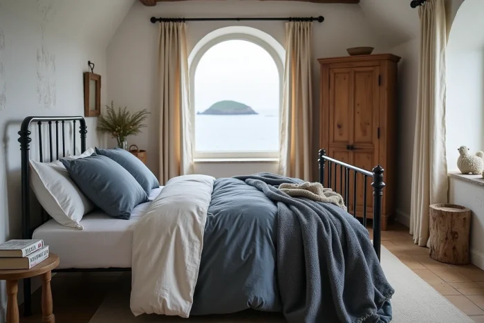 Chambre bretonne authentique avec murs en pierre blanchie, lit en fer forgé, linge de lit en lin indigo et armoire en châtaignier