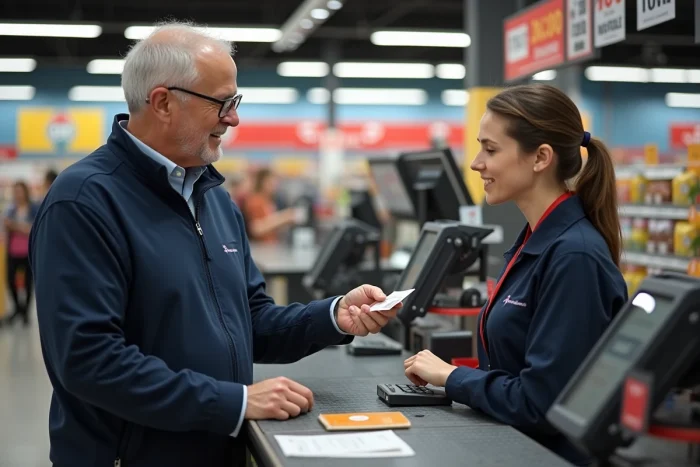 Client présentant sa carte fidélité Intermarché à la caisse avec vignettes et promotions 2026