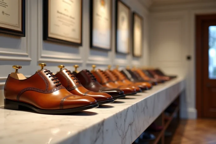 Collection de chaussures de luxe en cuir cognac et bordeaux exposées dans une manufacture de chaussures haut de gamme à Northampton en Angleterre