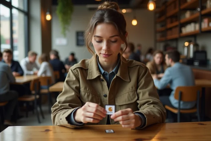 Femme comparant deux étiquettes Carhartt pour identifier une contrefaçon dans un café urbain