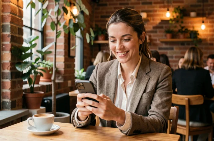 Femme confirmant sa présence à un événement aux Terribles Enfants via son smartphone dans un café
