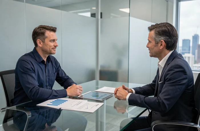 Homme consultant un conseiller financier dans un bureau professionnel moderne pour optimiser ses finances personnelles