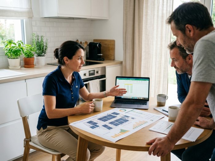 Conseillère en énergie solaire présentant un calcul de nombre de panneaux solaires à une famille