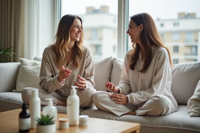 Deux femmes partageant des conseils beauté et testant des produits cosmétiques ensemble dans un salon minimaliste