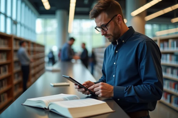 Homme consultant un annuaire et une tablette pour trouver un nom grâce à une adresse dans une bibliothèque