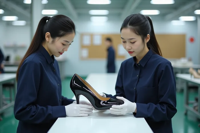 Deux inspectrices de qualité en gants blancs examinant une chaussure de luxe dans une usine de fabrication moderne à Jinjiang en Chine