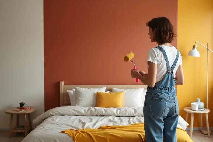Femme appliquant une peinture couleur terracotta en bloc sur un mur de chambre en décoration colorimétrique
