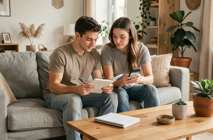 Couple jeune planifiant ensemble leur budget et leurs finances personnelles dans un appartement de style scandinave