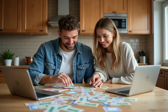 Couple triant des vignettes et points fidélité Intermarché à la table de cuisine pour préparer leurs achats 2026