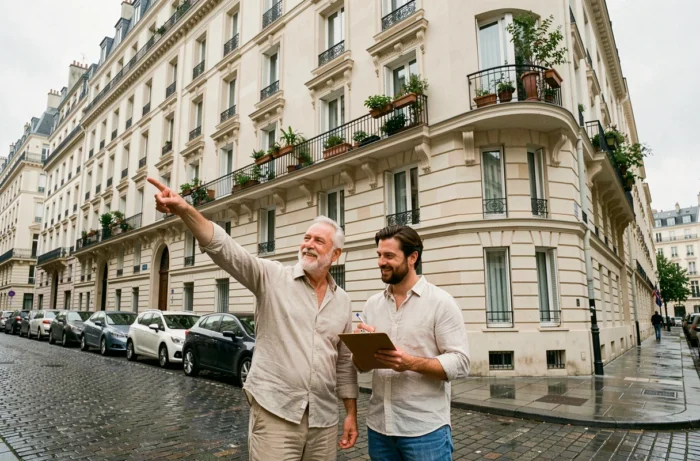 Couple inspectant un immeuble rénové pour un investissement immobilier en milieu urbain