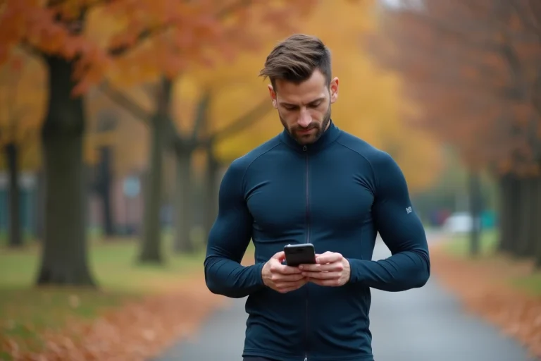 Coureur analysant ses statistiques Strava sur smartphone lors d'une sortie running en ville