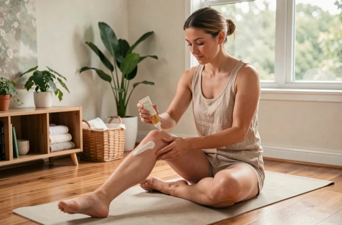 Femme appliquant une crème dépilatoire sur sa jambe dans un espace bien-être à domicile chaleureux