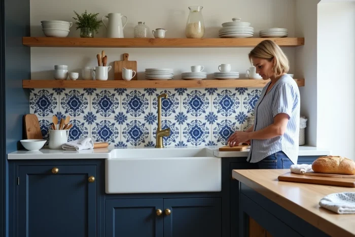 Cuisine bretonne rénovée avec carrelage faïence bleu et blanc, meubles bleu marine et plan de travail en chêne massif