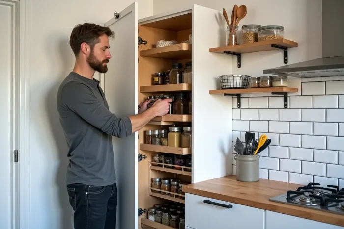 Homme installant des rangements verticaux dans une cuisine compacte et bien organisée