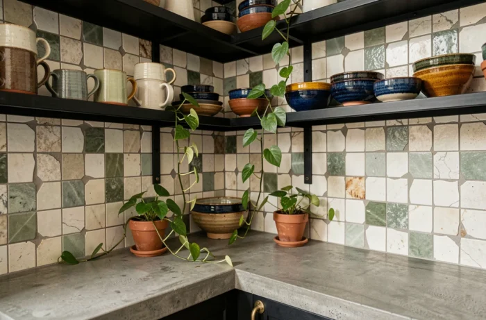 Coin cuisine tendance avec étagères en métal noir, carreaux zellige artisanaux, céramiques cobalt et ocre, robinetterie dorée vieilli sur plan de travail en béton