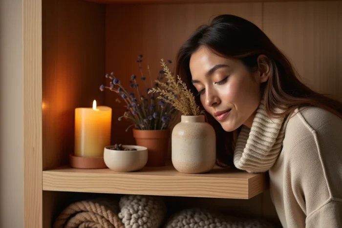 Femme se penchant pour sentir un diffuseur botanique sur une étagère décorée de bougies en cire et textiles texturés