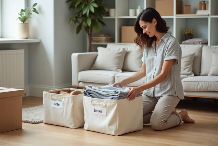 Femme triant des affaires par rotation saisonnière dans un salon rangé et organisé