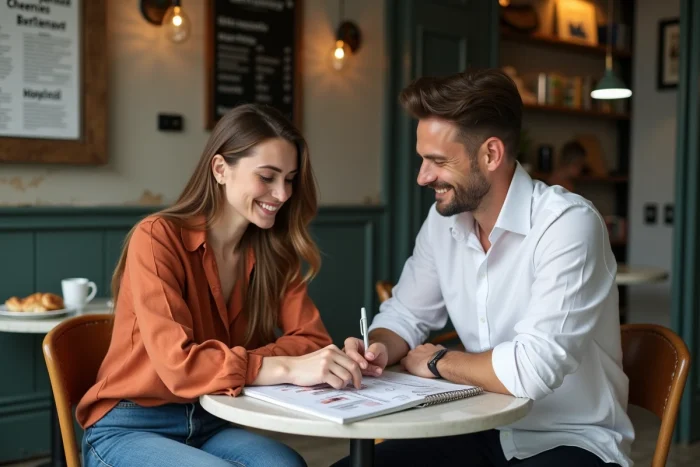 Deux entrepreneurs discutant d'un guide business gratuit imprimé autour d'un café dans un établissement indépendant