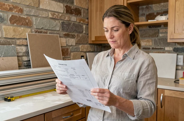 Femme consultant un rapport de diagnostic artisans personnalisé dans une cuisine en cours de rénovation