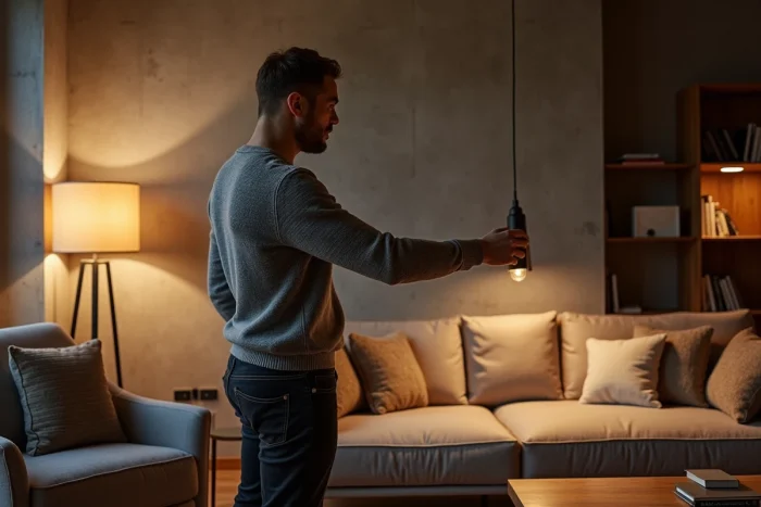 Homme réglant l'éclairage par zones dans un salon moderne avec plusieurs sources lumineuses