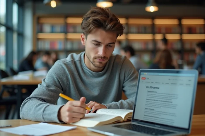 Étudiant en droit révisant les types d'arrêts français dans une bibliothèque universitaire moderne