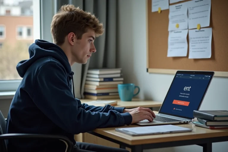 Jeune étudiant en université concentré sur son ordinateur portable