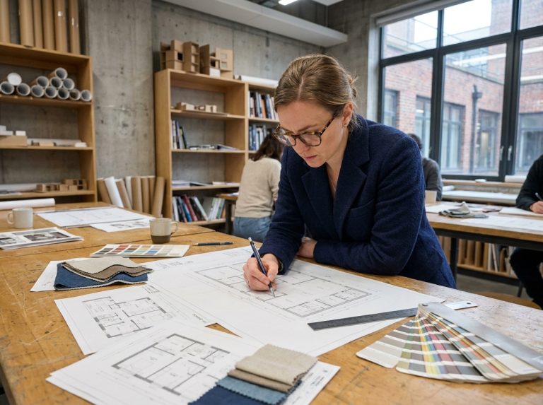 Étudiante en formation d'architecture d'intérieur travaillant sur des plans techniques dans un studio professionnel