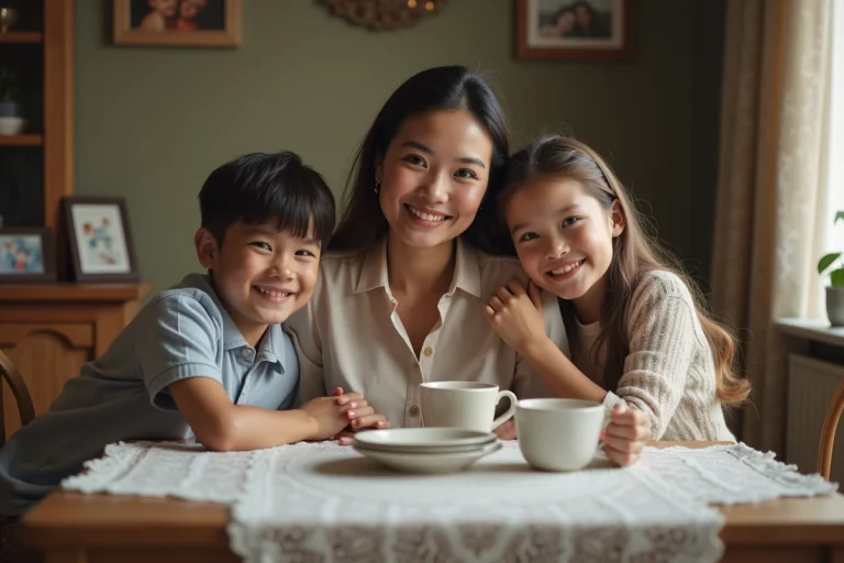 Femme et enfants souriants autour d'une table en cuisine chaleureuse
