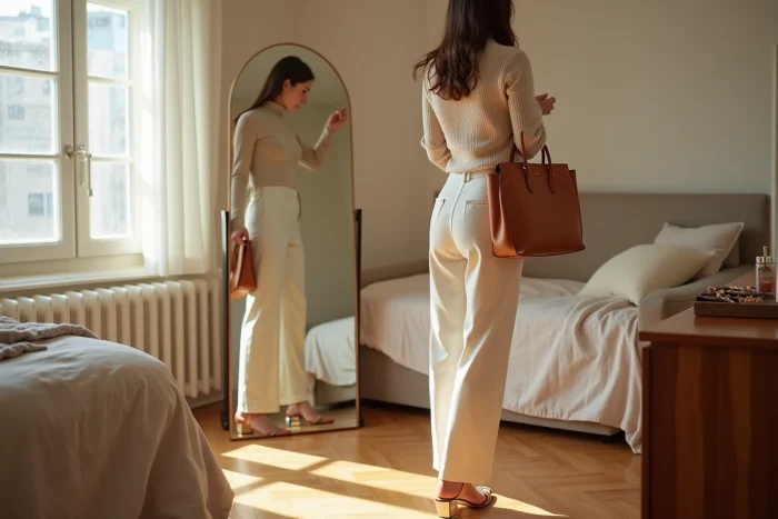 Femme tendance essayant une tenue mode avec sac à main structuré devant un miroir dans un appartement moderne