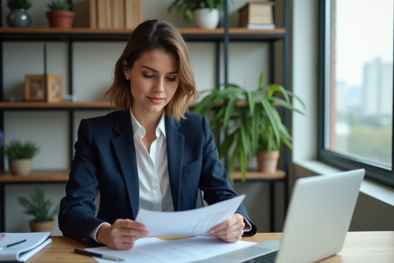 Femme d'affaires en blazer navy dans un bureau moderne