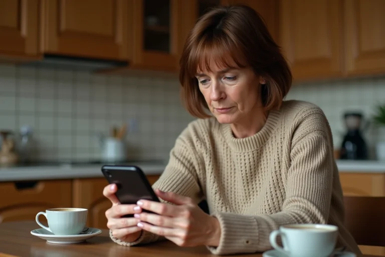 Femme inquiète regardant un appel téléphonique suspect sur son smartphone dans une cuisine, illustrant les arnaques téléphoniques au numéro 05