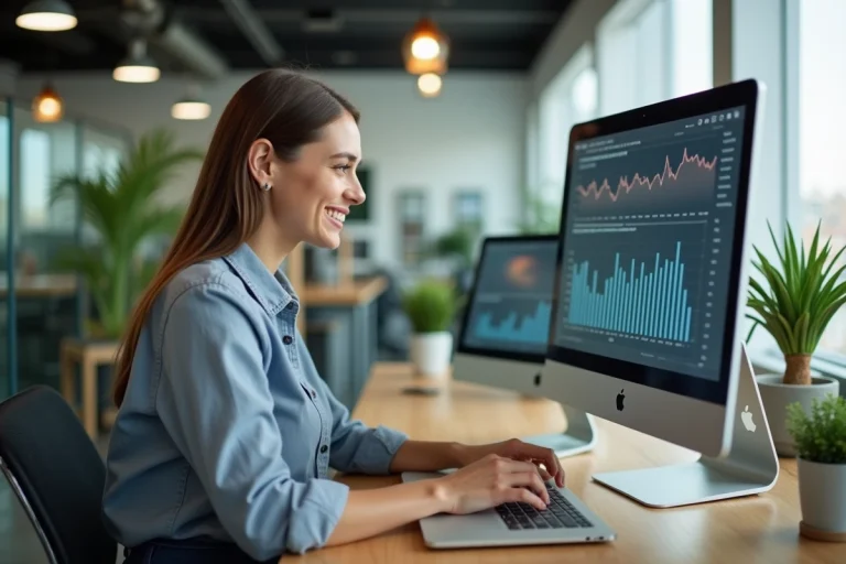 Jeune femme professionnelle analysant des données numériques au bureau