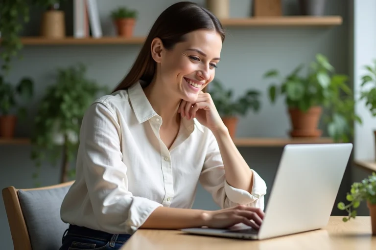 Femme souriante travaillant sur un ordinateur dans un bureau moderne
