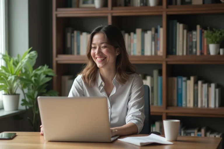 Femme en télétravail dans un bureau cosy avec étagères
